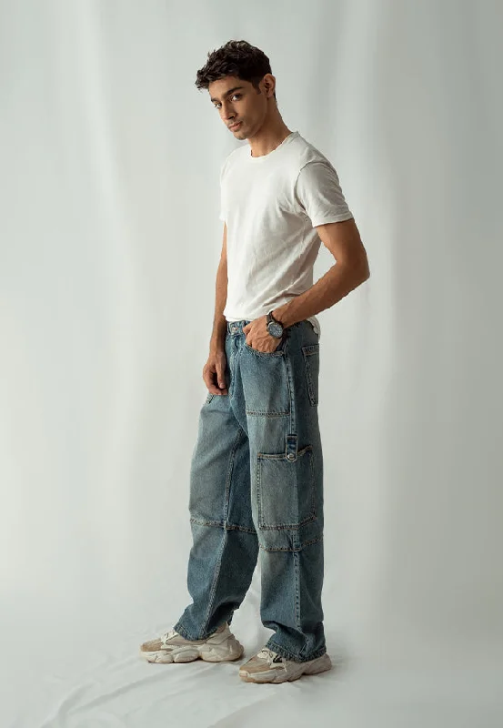 Relaxed Cool Layered Outfits Straight Fit Cargo Pocket Jeans Tint Over Dye