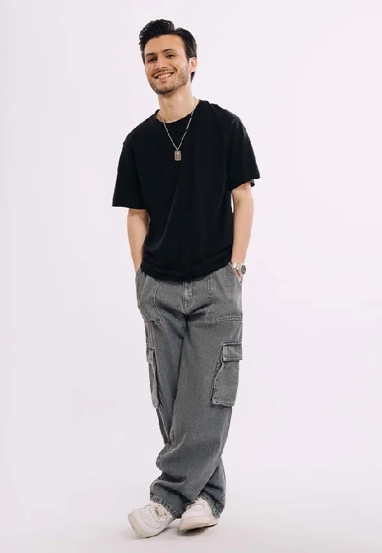 Monochrome Rugged Casual Shirts Utility Pocket Cargo Jeans - Dark Grey