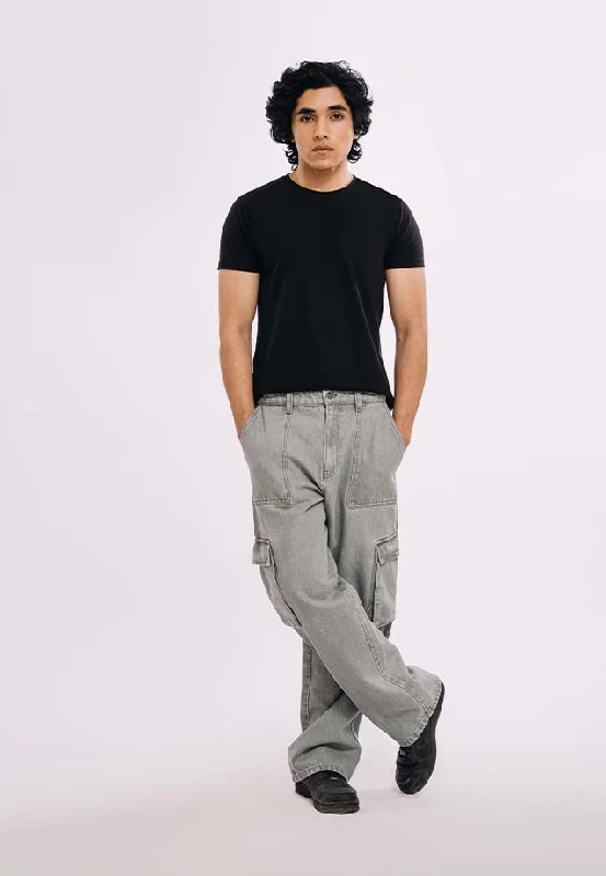Classic Monochrome Trendy Tees Utility Pocket Cargo Jeans - Light Grey