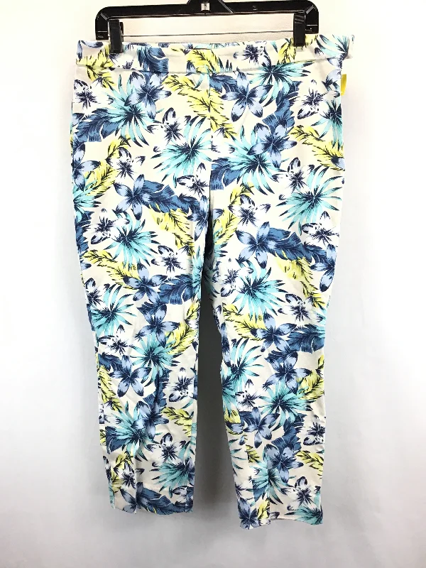 Classic Monochrome Floral Print Pants Cropped Lands End, Size 12petite