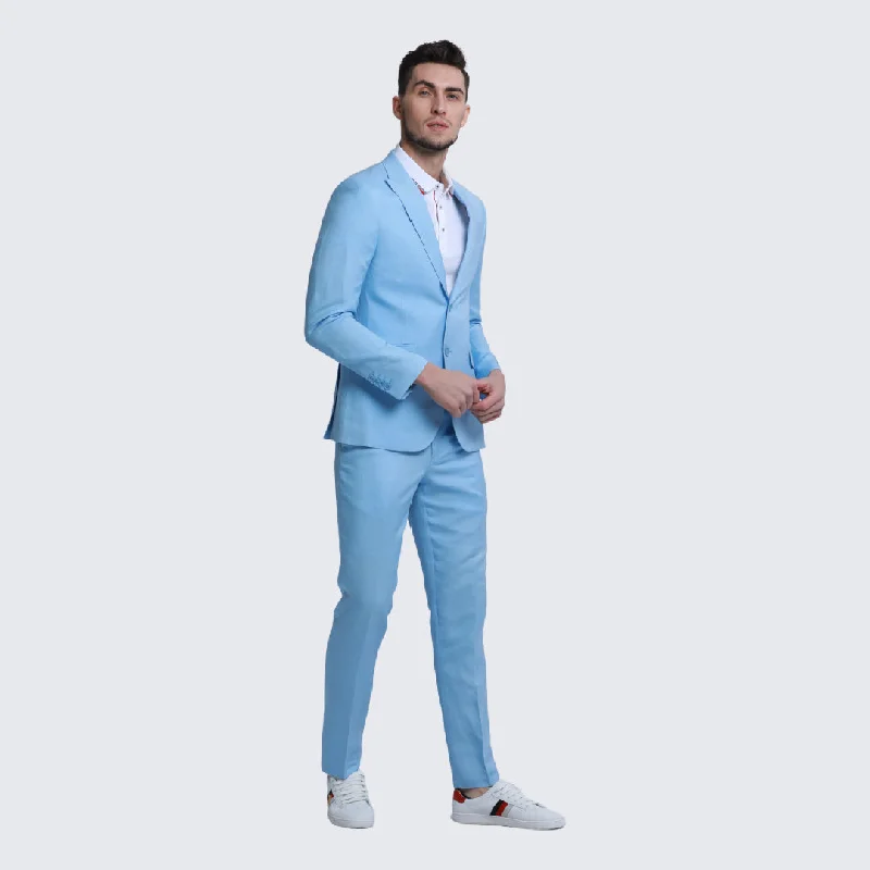 Contemporary Street Fashion Bottoms Baby Blue Linen Suit Slim Fit Two Piece Set - Wedding - Prom Contemporary Street Fashion Bottoms Baby Blue Linen Suit Slim Fit Two Piece Set - Wedding - Prom