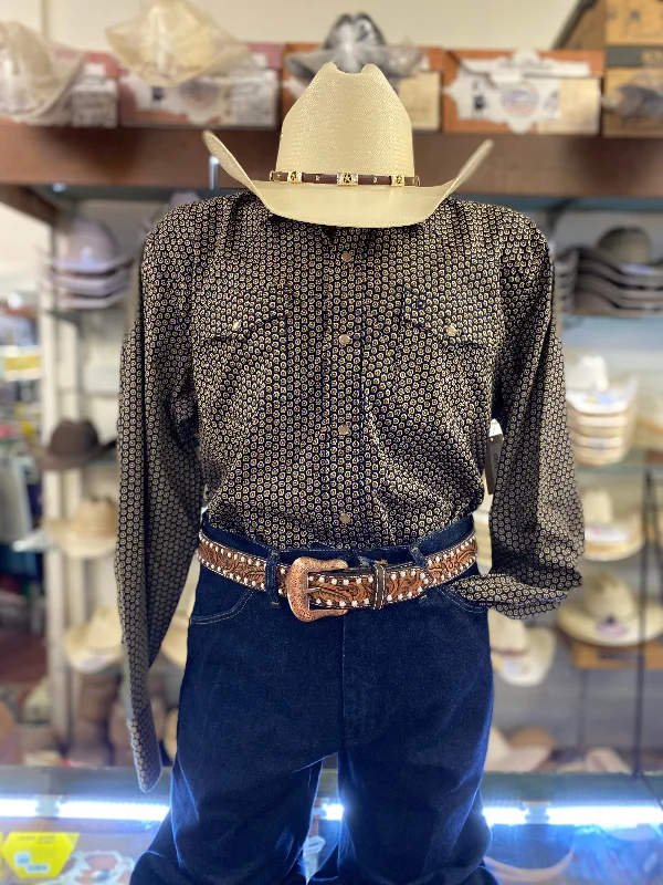 Relaxed Modern Comfy Tops Black and Gold Acorn Pattern Pearl Snap Western Shirt
