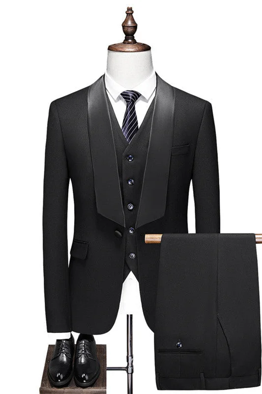 Sleek Heritage Everyday Look Black Shawl Lapel Three Pieces Slim Fit Men Suits For Wedding Formal Wedding Groomsmen Suit