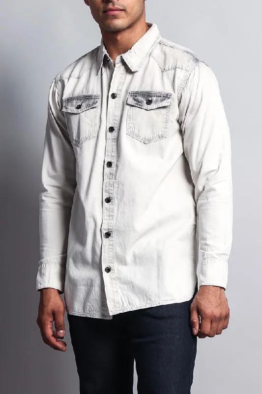 Sleek Heritage Layered Outfits Bleached Denim Button Up Shirt
