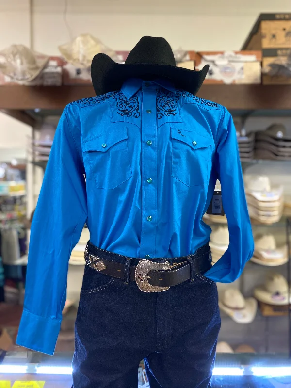 Contemporary Street Modern Basics Blue Embroidered Pearl Snap Western Shirt