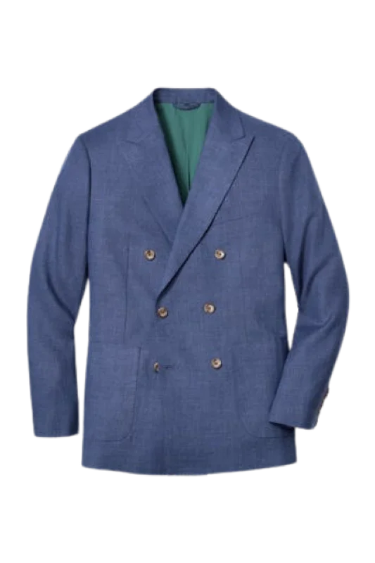Urban Minimal Casual Outerwear Blue Italian Linen Double Breasted Notch Lapel Suit