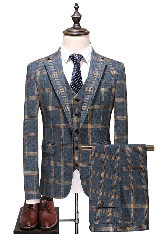 Smart Cool Relaxed Looks Blue Windowpane Classic Slim Fit 3-Piece Suit