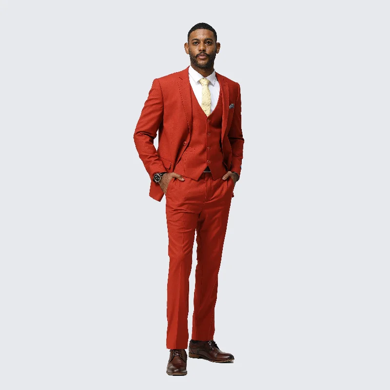 Contemporary Cool Urban Fashion Brick Red Skinny Fit Suit Three Piece Set - Wedding - Prom Contemporary Cool Urban Fashion Brick Red Skinny Fit Suit Three Piece Set - Wedding - Prom