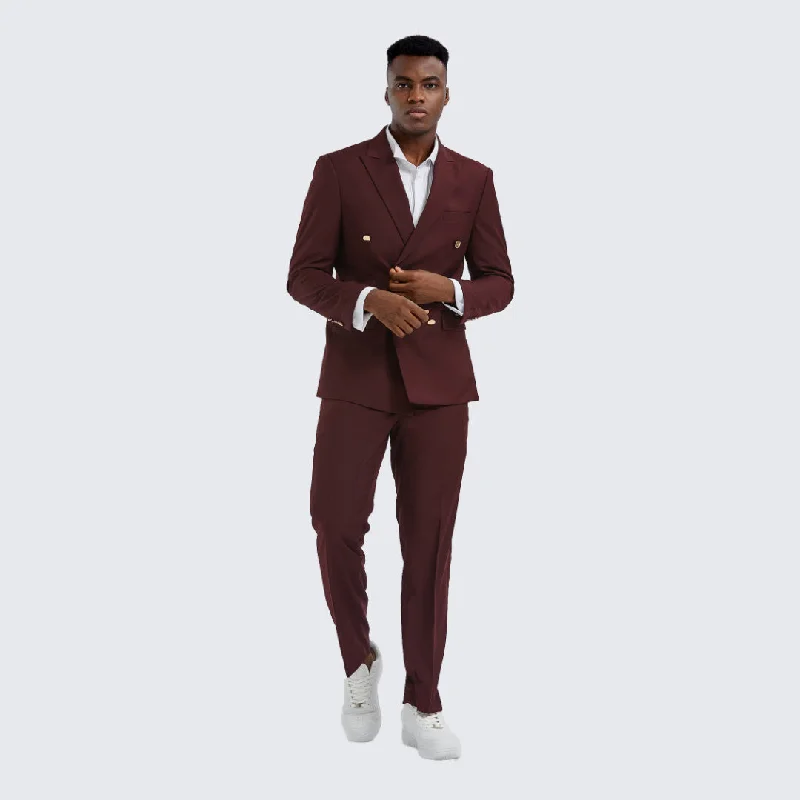 Contemporary Minimal Everyday Jeans Burgundy Double Breasted Suit Two Piece Set with Gold Buttons - Wedding - Prom Contemporary Minimal Everyday Jeans Burgundy Double Breasted Suit Two Piece Set with Gold Buttons - Wedding - Prom