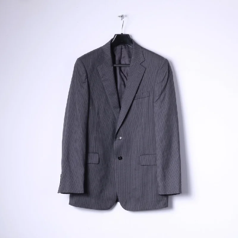 Polished Edge Chic Styles Jaeger Mens 40R S Blazer Grey Striped Myfair 100% Wool Single Breasted Jacket Polished Edge Chic Styles Jaeger Mens 40R S Blazer Grey Striped Myfair 100% Wool Single Breasted Jacket
