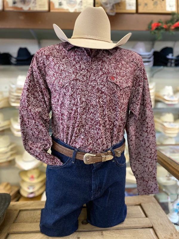 Vintage Cool Bold Outfits Men's Rodeo Burgundy & White Paisley Western Shirt