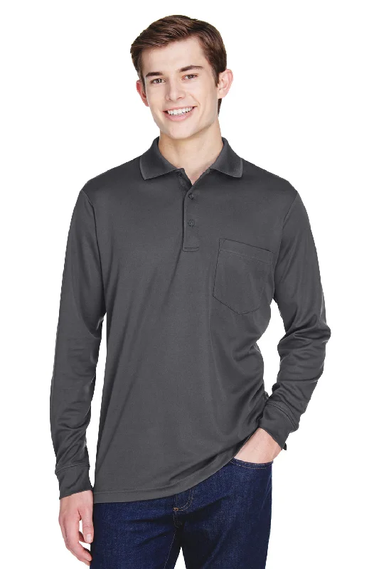 Casual Sleek Urban Tees Core 365 Mens Pinnacle Performance Moisture Wicking Long Sleeve Polo Shirt w/ Pocket - Carbon Grey Casual Sleek Urban Tees Core 365 Mens Pinnacle Performance Moisture Wicking Long Sleeve Polo Shirt w/ Pocket - Carbon Grey