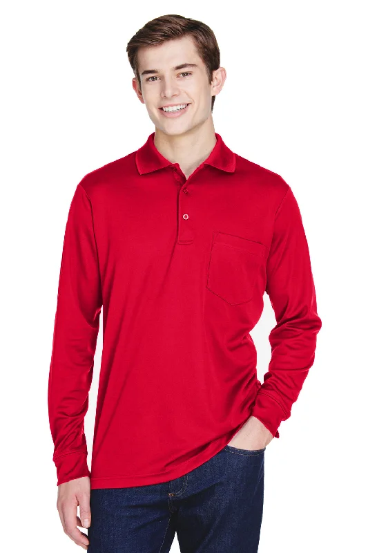 Sophisticated Luxe Everyday Jeans Core 365 Mens Pinnacle Performance Moisture Wicking Long Sleeve Polo Shirt w/ Pocket - Classic Red Sophisticated Luxe Everyday Jeans Core 365 Mens Pinnacle Performance Moisture Wicking Long Sleeve Polo Shirt w/ Pocket - Classic Red