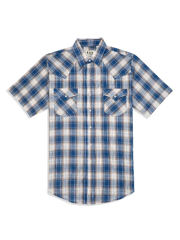 Heritage Edge Elegant Outfits Denim Blue & White Plaid Short Sleeve Shirt