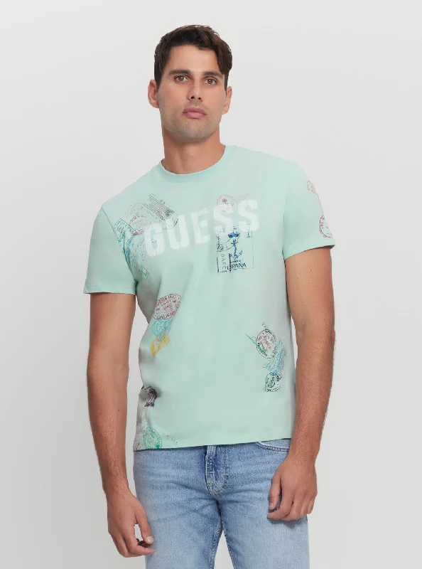 Retro Smart Smart Casual Eco Light Blue World Stamps T-Shirt