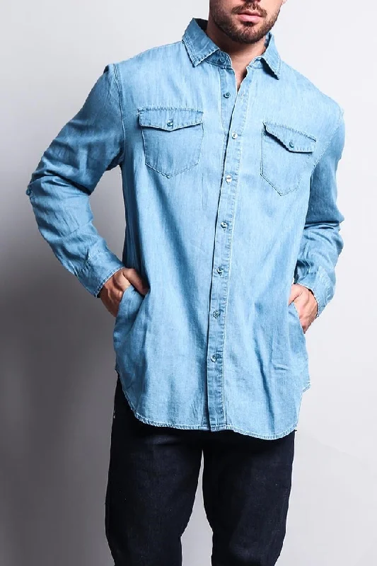 Polished Edge Designer Pieces Extended Length Denim Button Up Shirt