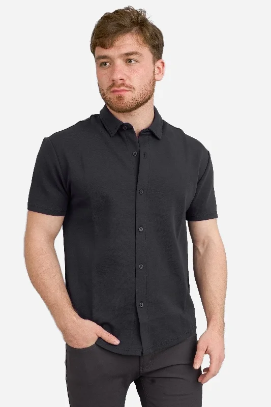 Chic Relaxed Stylish Jeans Flex Short Sleeve Button Down Shirt Black