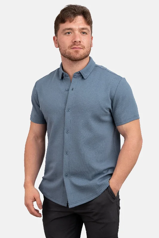 Vintage Contemporary Comfy Pants Flex Short Sleeve Button Down Shirt Steel Blue