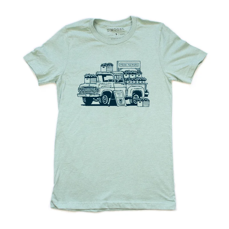 Classic Monochrome Urban Jackets Flower Truck Tee-Dusty Blue
