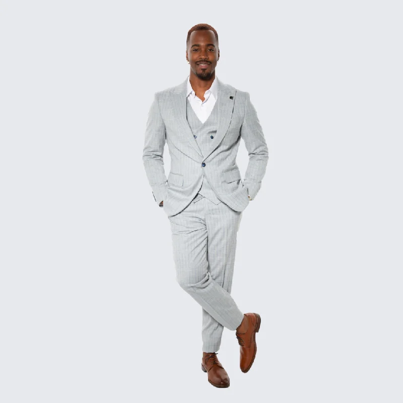 Polished Classic Designer Casuals Light Grey Pinstripe Hybrid Fit Suit by Stacy Adams - Wedding - Prom Polished Classic Designer Casuals Light Grey Pinstripe Hybrid Fit Suit by Stacy Adams - Wedding - Prom