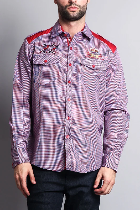 Polished Rugged Weekend Gear Long Sleeve Checkered Embroidered 22 Button Up Shirt