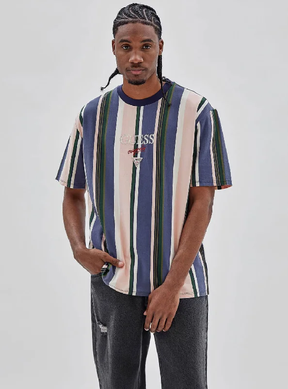 Sophisticated Luxe Soft Fabrics Guess Originals Blue Multi Stripe Logo T-Shirt