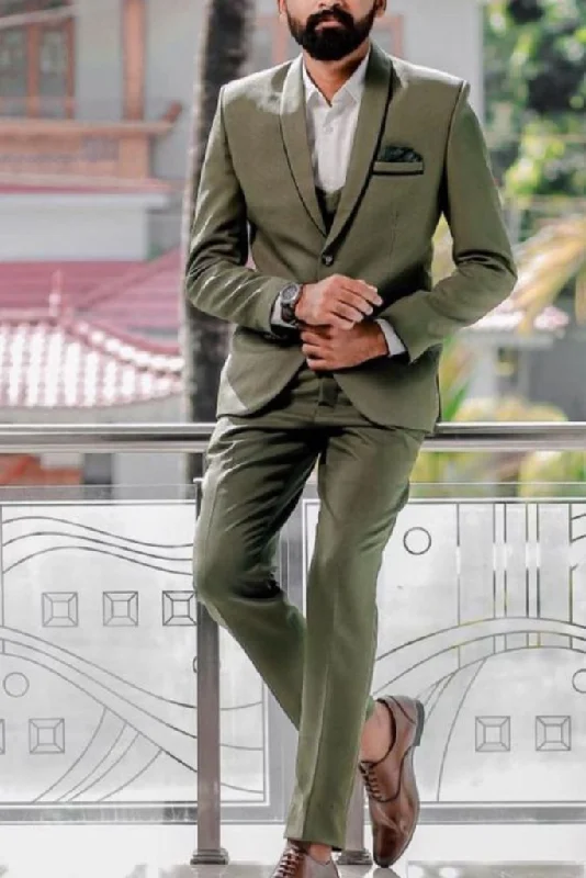 Sophisticated Rugged Fresh Outfit Men three piece olive green tuxedo