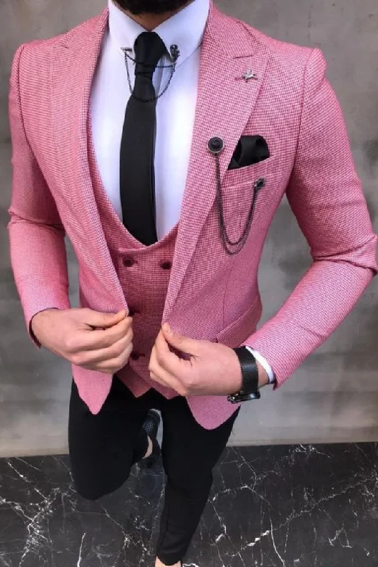 Monochrome Minimal All-Season Wear Men Three Piece Suit Pink With Black Wedding Slim Fit Suit Party Wear Suits Bespoke For men Monochrome Minimal All-Season Wear Men Three Piece Suit Pink With Black Wedding Slim Fit Suit Party Wear Suits Bespoke For men