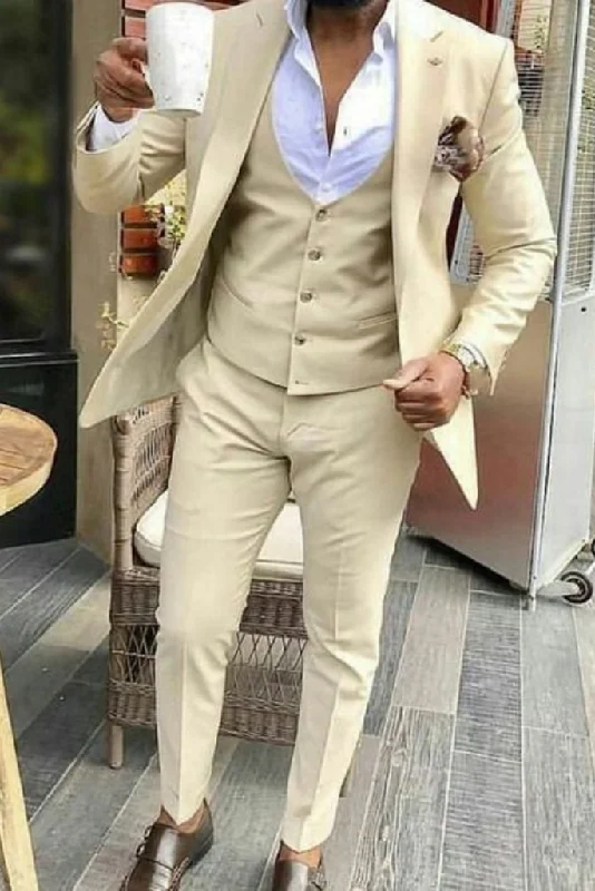 Polished Edge Trendy Apparel Men's Beige Three Piece Slim Fit Suit, Wedding, Engagement Prom, Groom Wear and Groomsmen Suits Polished Edge Trendy Apparel Men's Beige Three Piece Slim Fit Suit, Wedding, Engagement Prom, Groom Wear and Groomsmen Suits