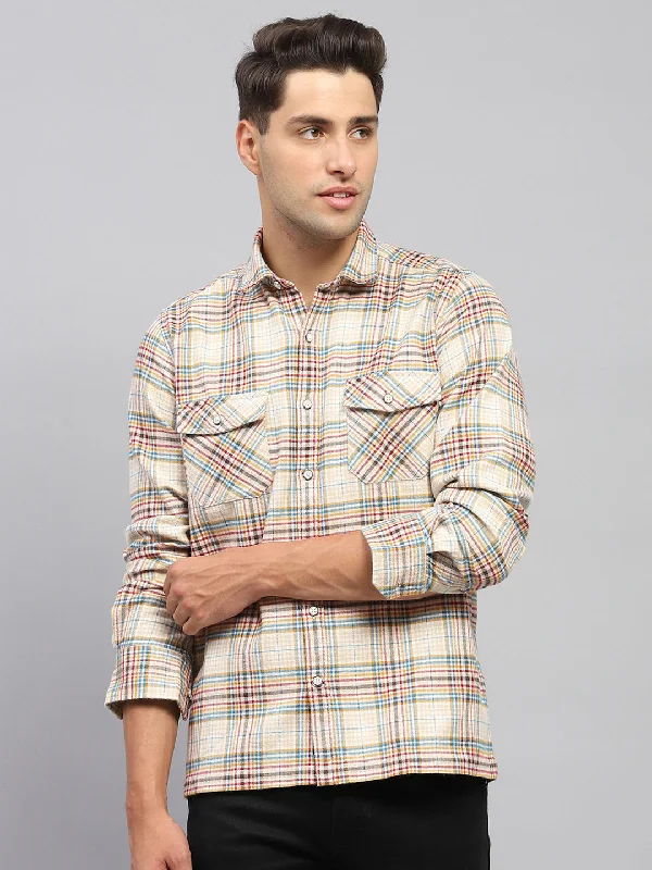 Heritage Urban Casual Footwear Men Beige Check Collar Full Sleeve Shirt