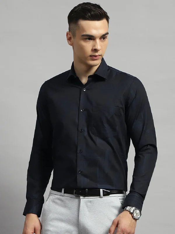 Modern Cool Stylish Casuals Men Black Self Design Collar Full Sleeve Shirt