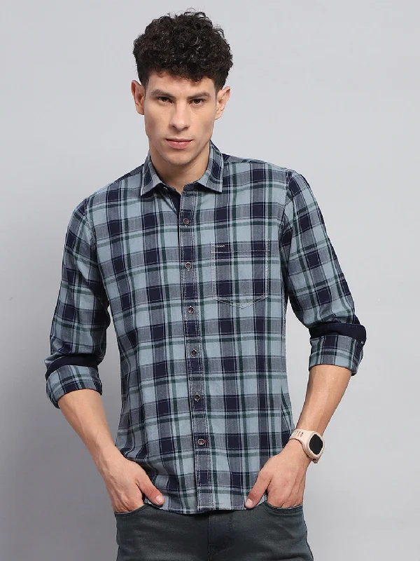 Polished Minimal Fashion Jeans Men Blue Check Collar Full Sleeve Shirt