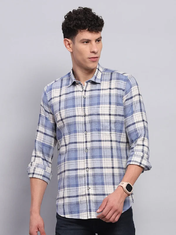 Understated Smart Travel Wardrobe Men Blue Check Collar Full Sleeve Shirt