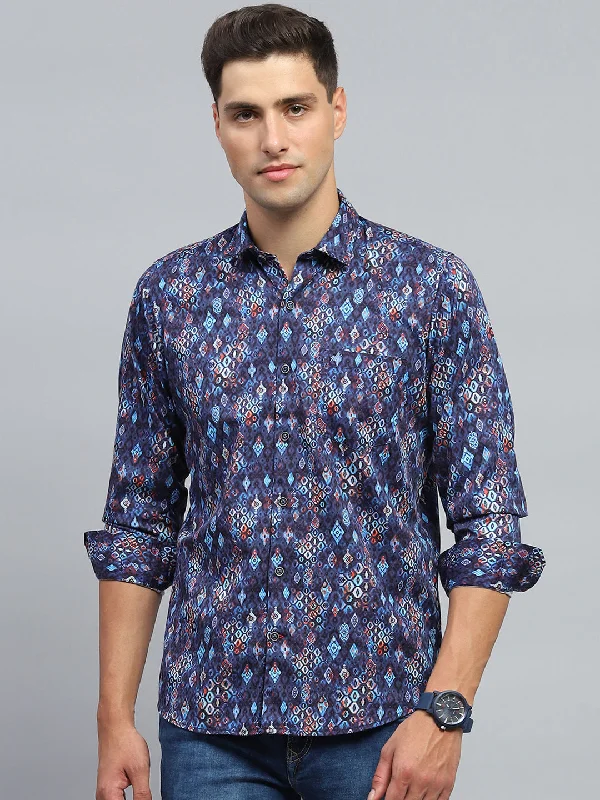 Timeless Minimal Layered Styles Men Blue Printed Collar Full Sleeve Shirt
