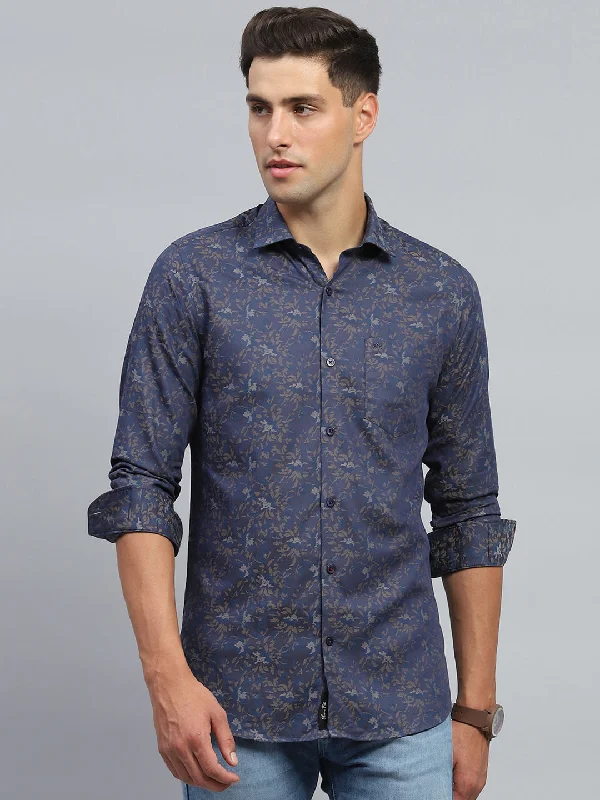 Sophisticated Luxe All-Season Wear Men Blue Printed Collar Full Sleeve Shirt