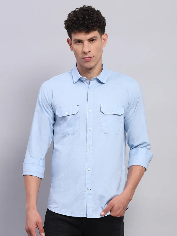Heritage Rebel Casual Shirts Men Blue Solid Collar Full Sleeve Shirt