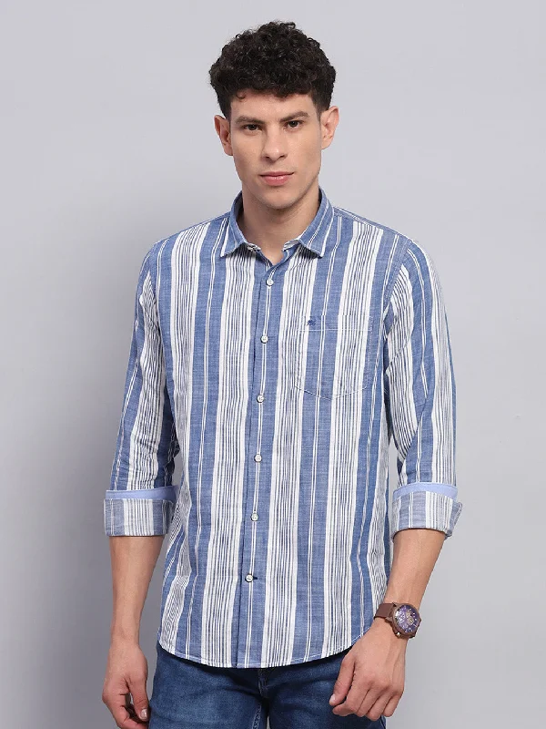 Effortless Classic Denim Looks Men Blue Stripe Collar Full Sleeve Shirt