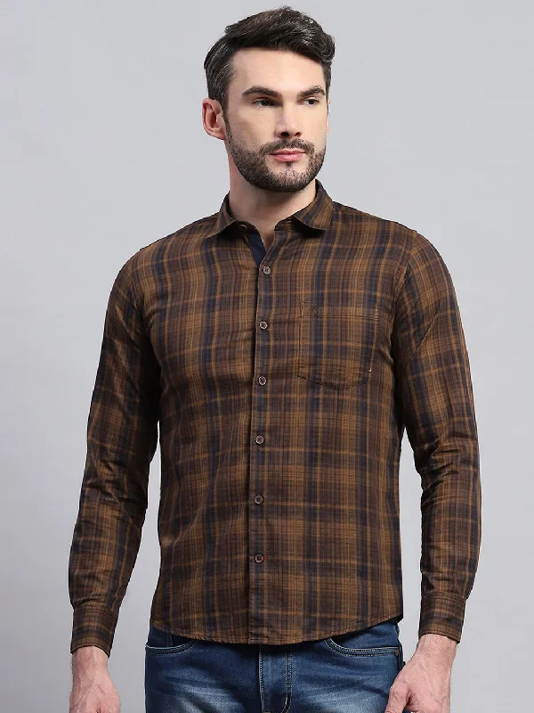 Casual Minimal Vintage Style Men Brown Check Collar Full Sleeve Shirt