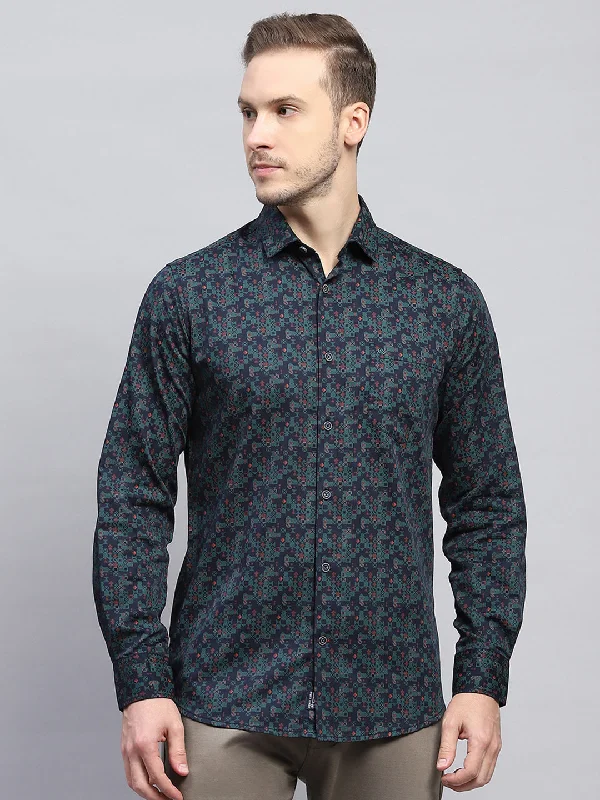 Sleek Rugged Sporty Wear Men Green Printed Collar Full Sleeve Shirt