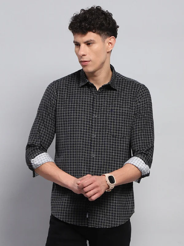 Modern Edgy Modern Basics Men Green Printed Collar Full Sleeve Shirt