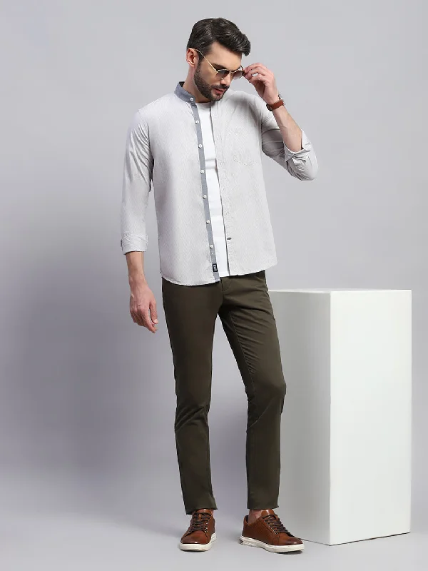 Minimal Luxe Relaxed Looks Men Grey Solid Band Collar Full Sleeve Shirt