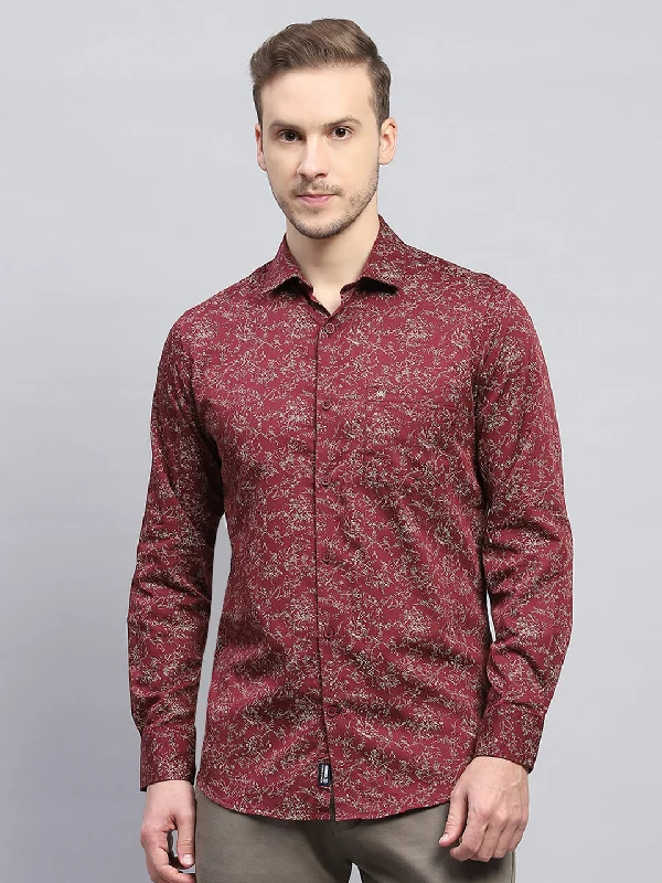 Sophisticated Sleek Business Casual Men Maroon Printed Collar Full Sleeve Shirt