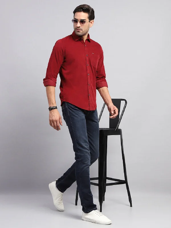 Street Rebel Bold Colors Men Maroon Solid Collar Full Sleeve Shirt
