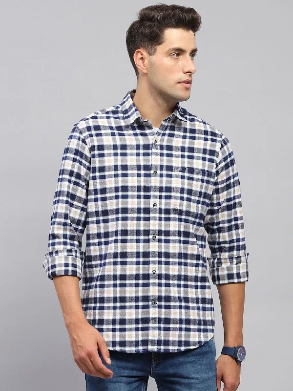 Street Minimal Classic Fits Men Navy Blue Check Collar Full Sleeve Shirt