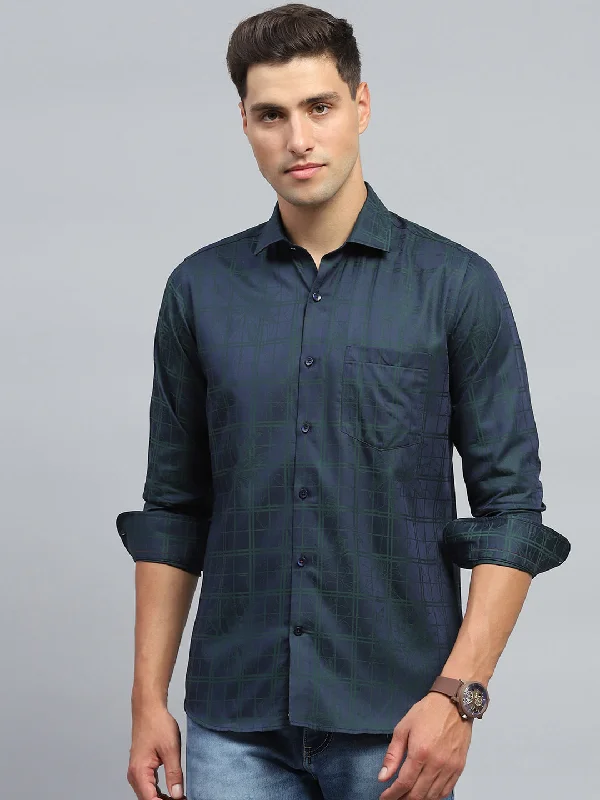 Timeless Cool Trendy Tees Men Navy Blue Check Collar Full Sleeve Shirt