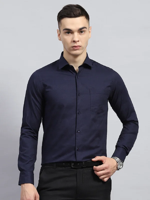 Classic Rugged Weekend Gear Men Navy Blue Self Design Collar Full Sleeve Shirt