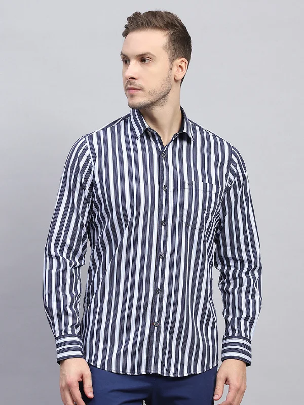 Minimal Classic Cool Jackets Men Navy Blue Stripe Collar Full Sleeve Shirt