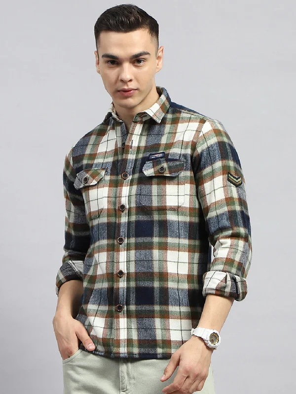 Chic Polished Relaxed Fit Men Olive Check Collar Full Sleeve Shirt