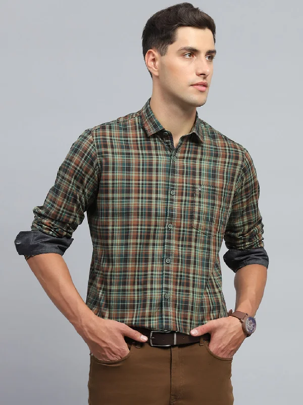 Urban Polished Office Outfits Men Olive Check Collar Full Sleeve Shirt