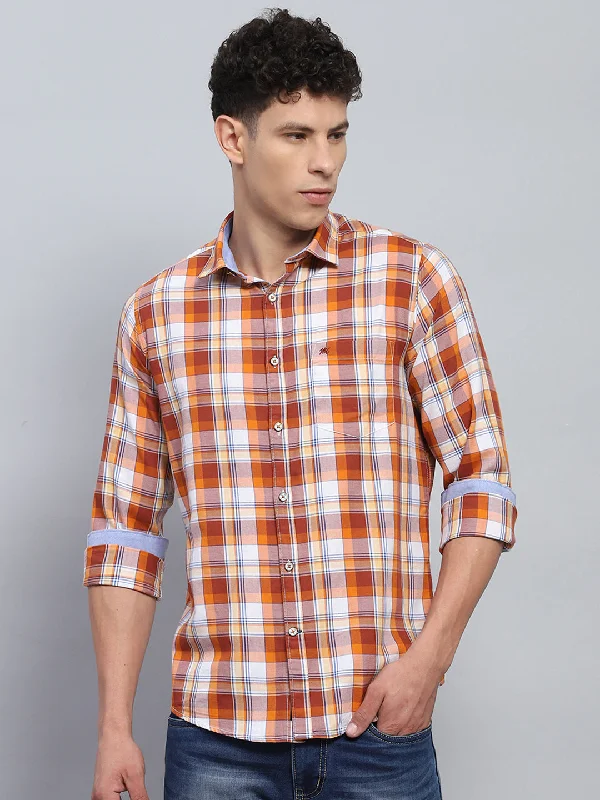 Monochrome Rugged Soft Fabrics Men Orange Check Collar Full Sleeve Shirt